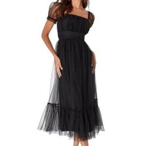 LULUS Black Tulle Puff Sleeve Midi Dress NWT Square‎ Neck Tiered Mesh Size M